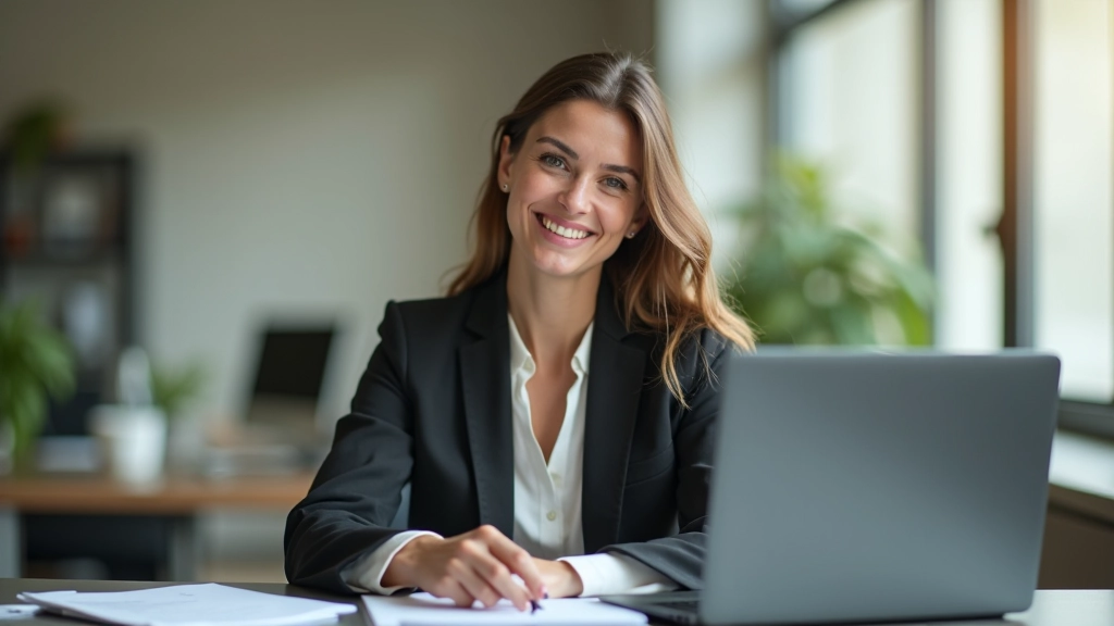 Přátelský finanční poradce v kanceláři s notebookem a dokumenty