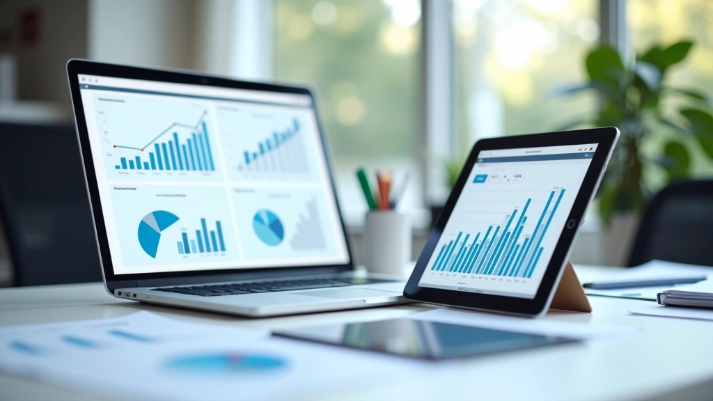 Přehled grafů a tabulek s finančními daty na monitoru a notebooku