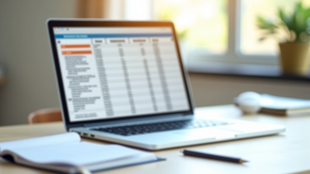 Přenosný počítač s otevřenou tabulkou pro výpočet úroků, tužka a poznámky na papíru vedle