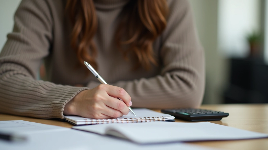 Osoba zapisující si spořicí cíle do notýsku s perem a kalkulačkou